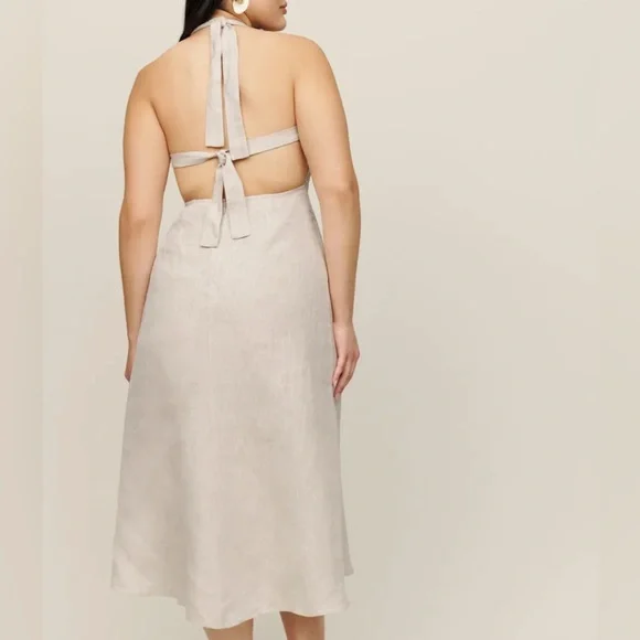 Reformation Beige Halter Midi Dress with Side Buttons - Picture 2 of 10